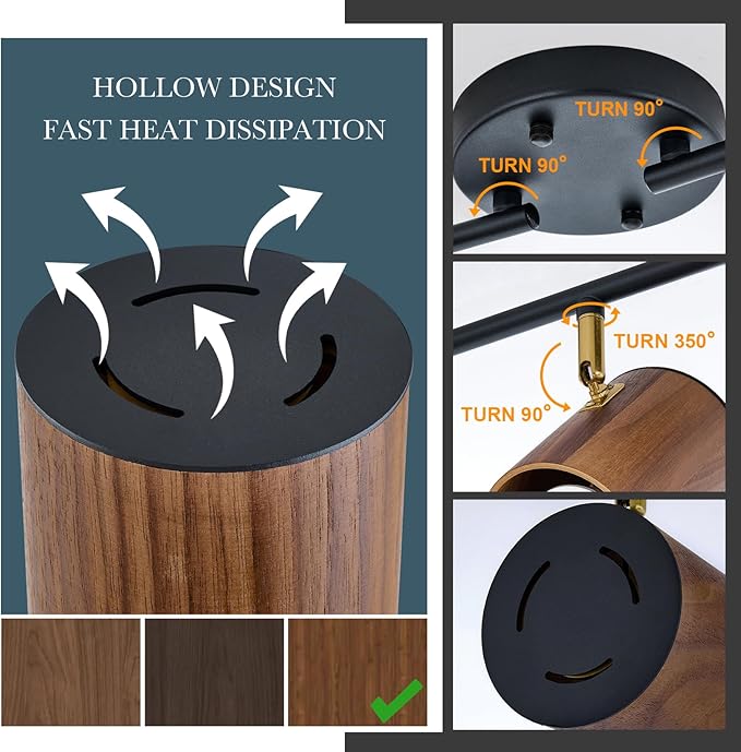 Modern 4-Light Track Lighting Kit Fixture, Adjustable Matte Black Finish and Real Dark Wood Lampshade Ceiling Light, Brass Swivel Item Kit, for Living Room, Kitchen, Artwork