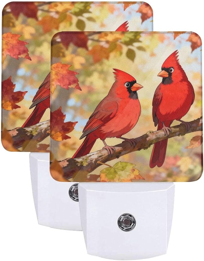 Fall Maple Night Light Set of 2, Red Birds Auto Sensor LED Dusk-to-Dawn Nightlights, Plug-in Sensor Lamp for Bedroom Bathroom Kitchen Hallway Stairs Decorative