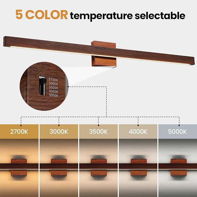 Modern Bathroom Light Fixtures Over Mirror, 39 Inch Brown Wood Finish Vanity Light Bar 30W Dimmable 5CCT LED Vanity Lights for Bathroom Wall Lighting Fixtures Over Mirror
