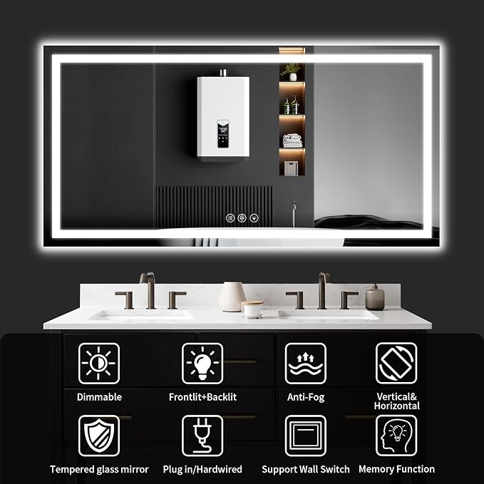 LED Bathroom Mirrors 36"x60" Bathroom Mirror with Lights for Wall, Backlit + Front Lit, 3 Colors, Anti-Fog, Dimmable Brightness for Vanity,Bathroom, Entryway, Living Room