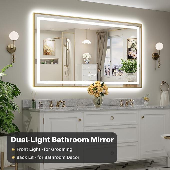 72x40 Inch LED Bathroom Mirror with Gold Frame, Backlit & Front Lit | Anti-fog, 3 Color Dimmable, Memory Function, HD Reflection Tempered Glass, ETL Listed, IP54 Waterproof