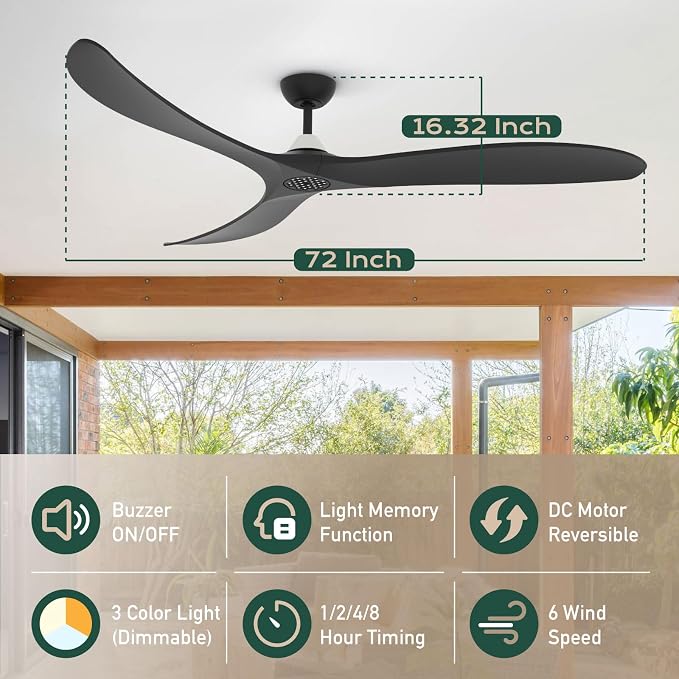 TALOYA 72 Inch Ceiling Fans with Lights Led Remote Control Flush Mount Low Profile for Bedroom Farmhouse Patio Outdoor Living Room,Buzzer ON & Off,DC Motor,Reversible,Dimmable,Black,Solid Wood Blade