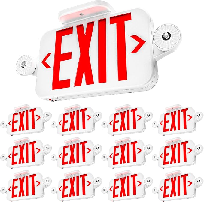 Sunco 12 Pack Red Exit Signs with LED Emergency Lights & Backup Battery | 120-277V Wall/Ceiling Mount, Two Adjustable LED Lights, Commercial Safety Lighting, 90 Minute Battery, 94V-0 Fire Resistant