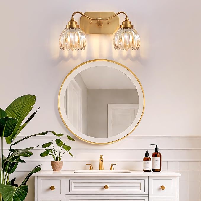 Vintage Gold 2-Light Vanity Lights, Tulip Crystal, Antique Brass Finish | Brushed Gold Bathroom Light Fixtures, Amber Wall Sconce Ideal for Bedroom, Living Room, E26 Compatible, Easy Install