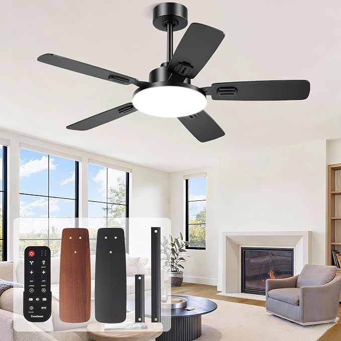 44 Inch Ceiling Fans with Lights and Remote for Bedroom Living Room Kitchen Office, Indoor/Outdoor Use, 5CCT Dimmable, Dual Color 5 Blades, 6 Speed Reversible Quiet DC Motor, Black/Wood Grain
