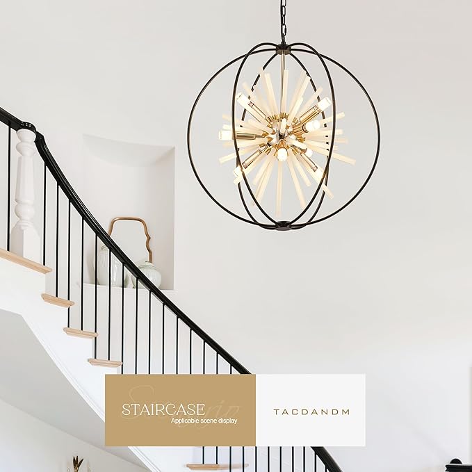 23.6" Black Gold 12-Light Globe Sputnik Chandelier Modern Firework Hanging Ceiling Glass Tube Pendant Light Fixture for Entryway Foyer Staircase Dining Living Room Hallway
