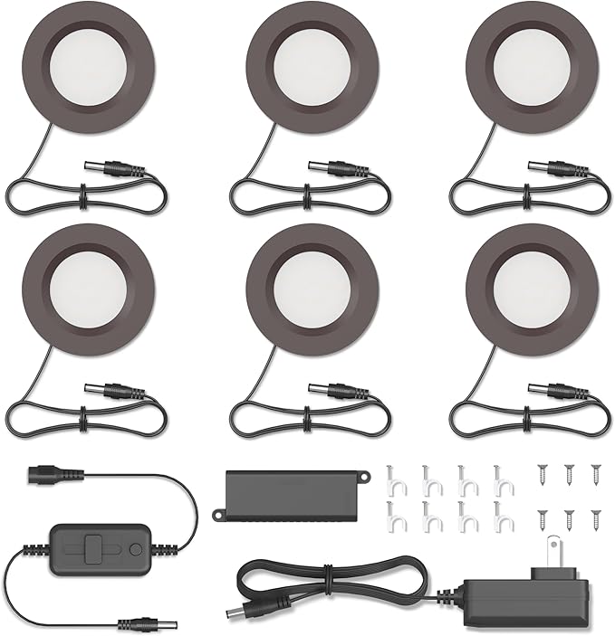 Getinlight 2.75" Under Cabinet LED Puck Lights Kit, Plug-in 12V Set with in-Line Dimmer, 3000K Warm White, Recessed or Surface Mount, ETL Listed, 6-Pack, IN-0102-6-BZ