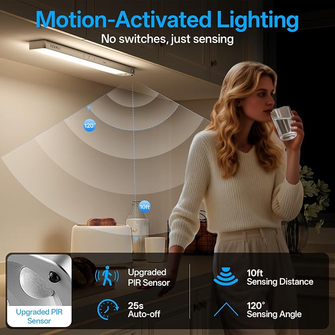 14.2inch Under Cabinet Lighting Wireless Motion Sensor Light Indoor | Rechargeable,3Color Temps,Dimmable,Power Display,LED Closet Light Magnetic with Remote,Under Counter Lights for Kitchen 2Pack
