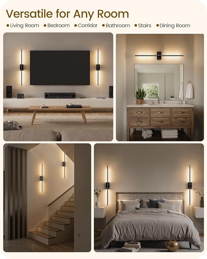 34.6" Wireless Battery Operated Wall Sconces Set of Two,Rechargeable Lamp with Remote, 360° Rotation, 10000mAh Battery, Touch Dimmable Lights for Living Room Hallway Bedroom, Black B05YBP205