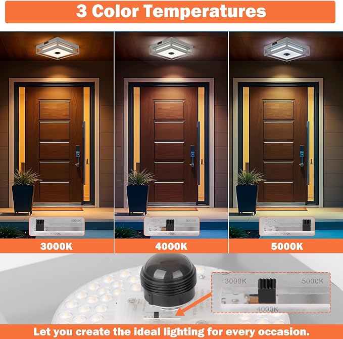 Gray Motion Sensor LED Outdoor Ceiling Light 10.5" Square Dusk to Dawn | Flush Mount, Built-in LED, Color Changing, Energy Saving, Waterproof, Bug Resistant, for Exterior Porch Garage Entryway Patio