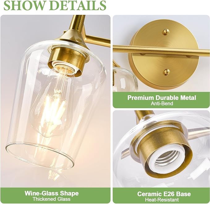 2-Light Bathroom Light Fixtures, Gold Vanity Lights for Bathroom with Clear Glass, Bathroom Lighting Fixtures Over Mirror, Modern Wall lamp for Cabinet Hallway