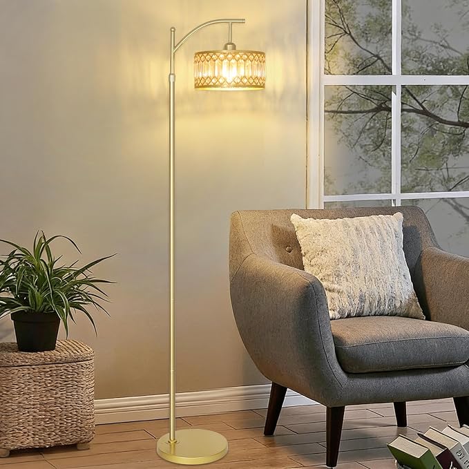 Gold Floor Lamp, Arc Floor Lamp for Bedroom, Standing Lamps for Living Room, Crystal Mid Century Modern Tall Lamp, Corner Stand Up Lamp, Height Adjustable Arched Brass Reading Lamps (Bulb Included)