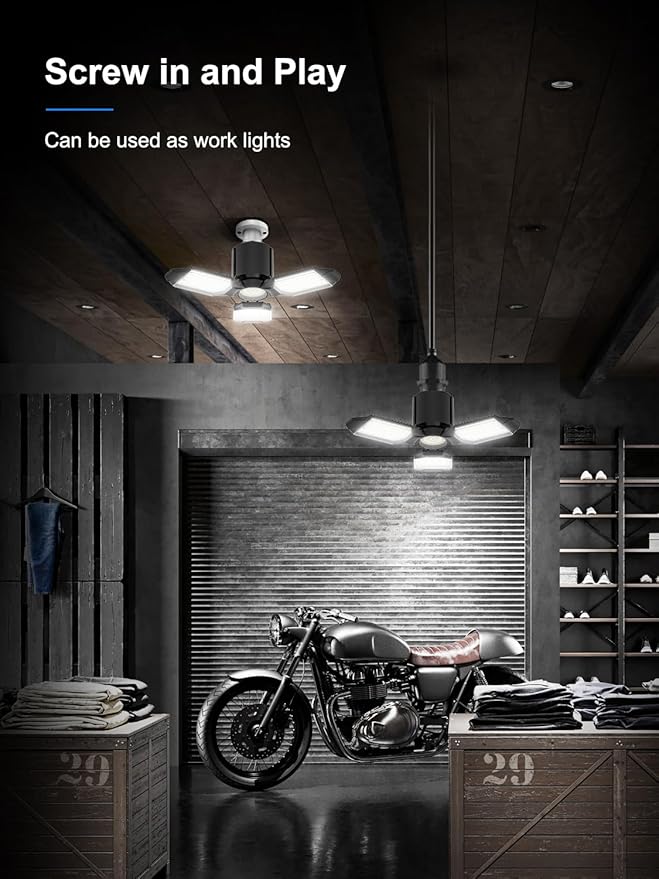 LED Garage Light Bulbs 2 Pack, 8000LM Shop Lights with 3+1 Deformable Panels, 6500K Screw in Ceiling Lights for Garage, Workshop, Workbench, Basement
