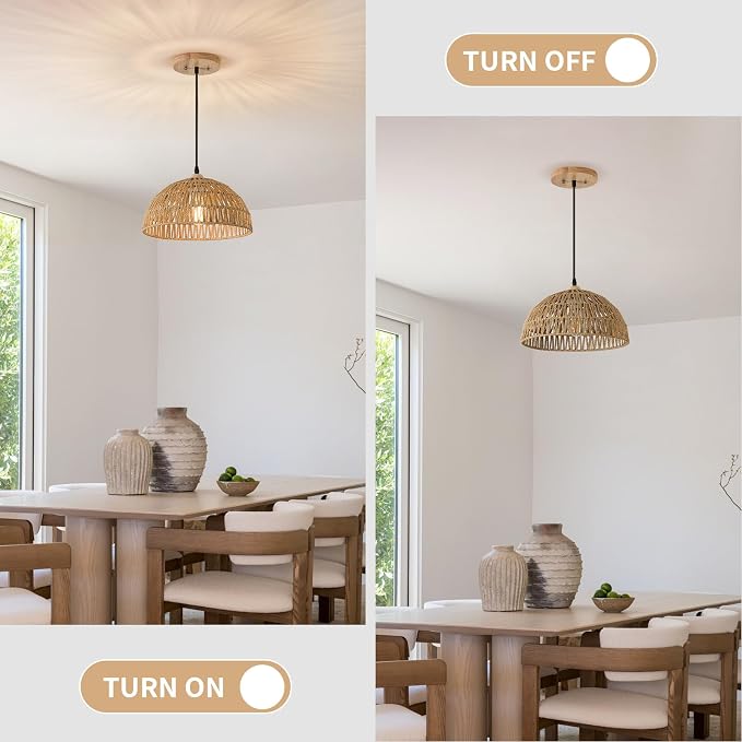 13 Inch Rattan Pendant Lights Farmhouse Boho Chandelier Light Fixture Rustic Wicker Hand Woven Pendant Hanging Light for Dining Room Kitchen Bedroom Foyer Hallway