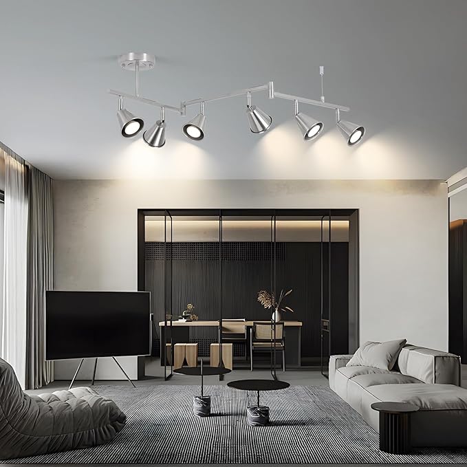 SEEBLEN 6-Light Modern Track Lighting Fixtures Ceiling, Flexible Foldable Arm and Rotatable Light Head,Nickel Kitchen Track Lighting for Kitchen Islands, Dining Rooms, Bars, Closets, Workbenches.
