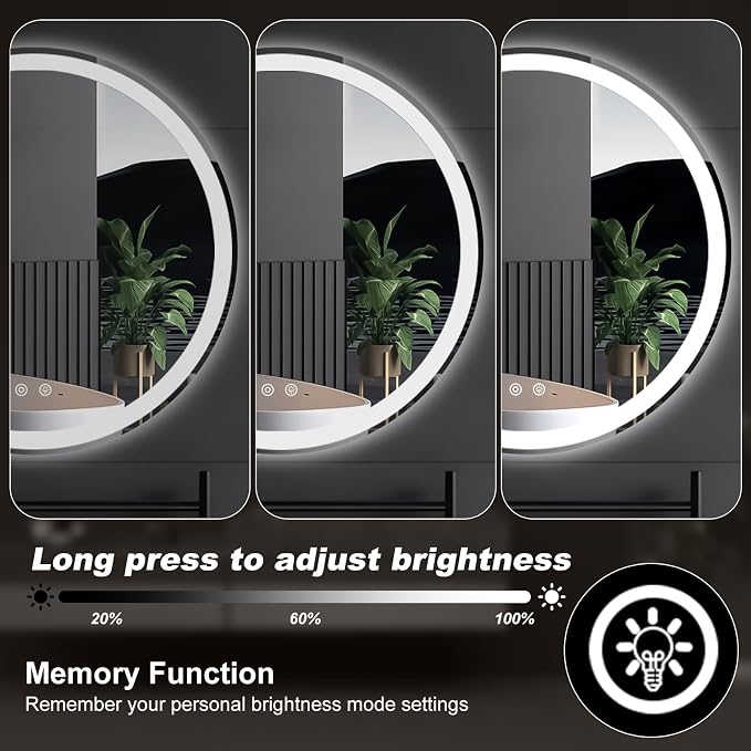 Sweetcrispy 28 Inch Round LED Mirror for Bathroom with Lights, Circle Vanity Mirror with Anti-Fog, Dimmable, 3-Color Light, Memory Function, Tempered Glass