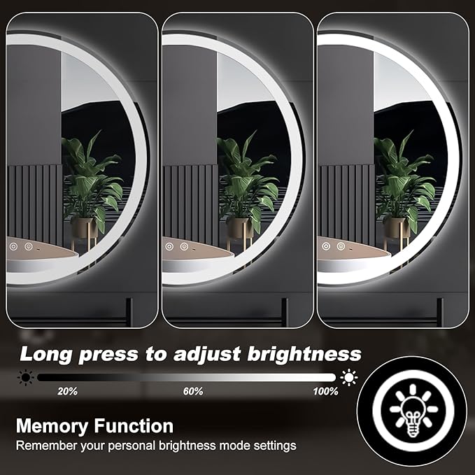 Sweetcrispy 24 Inch Round LED Mirror for Bathroom with Lights, Circle Vanity Mirror with Anti-Fog, Dimmable, 3-Color Light, Memory Function, Tempered Glass