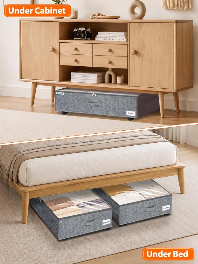 punemi 10 inch Tall Under Bed Storage Bins with Wheels, 2-Pack, Gray | Clear Lids, 5-Wheel Rolling Organizers for Clothes, Shoes and Blankets, Underbed, Closet & Dorm Organizataion