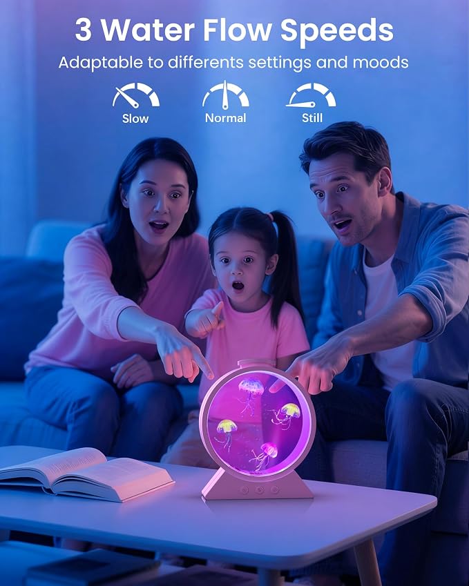 Jellyfish Lamp for Sleep Anxiety Calming Night Light for Bedroom(Pink) | Whisper-Quiet Sensory | 7 Soft Color Modes | Adjustable Water Flow | 8H Auto-Off Timer | Rounded Tank Lamp Gift for All Ages