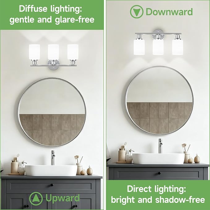3-Light Chrome Vanity Lights for Mirror, Bathroom Light Fixtures with Textured Milky White Glass Shade, Modern Kitchen Light Fixtures Wall Sconce Light