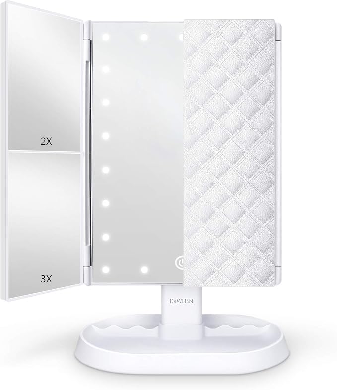 Trifold Lighted Vanity Makeup Mirror with 21 LEDs Lights,1x/2x/3x Magnification and Touch Screen Dimming,Two Power Supplies Makeup Mirror, Gift for Women