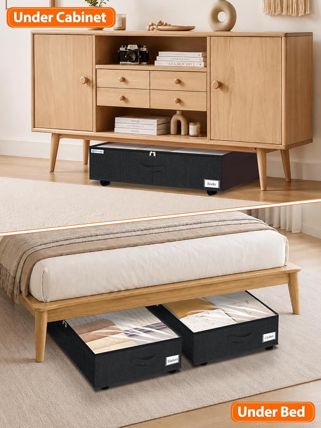 punemi 10 inch Tall Under Bed Storage Bins with Wheels, 2-Pack, Black | Clear Lids,360° Wheels,for Clothes, Shoes, Blankets & Bedding, Closet, Shelf & Dorm Organization