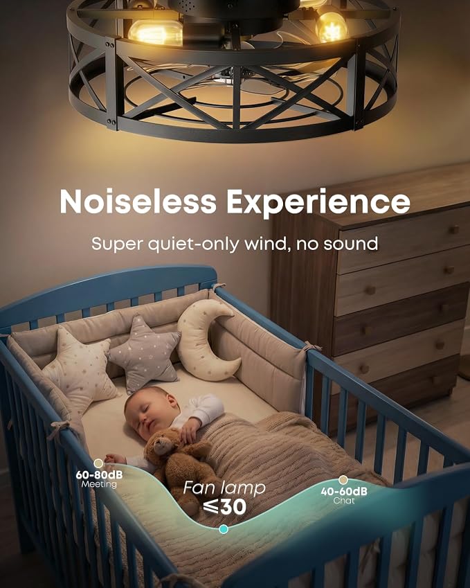 Caged Ceiling Fan with Light and Remote, 20" Low Profile Flush Mount Ceiling Fans with Light, 6 Speed, Timing, Reversible DC Motor, Small Farmhouse Fan Lights for Bedroon Kitchen Living Dining Room