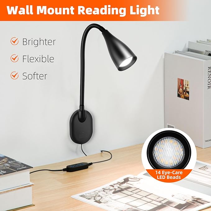 Wall-Mounted LED Bedside Reading Light with USB Charging Port, 10-Level Dimmable & Adjustable 5 Color, Plug-in Adhesive Night Lamp for Books in Bed, Eye-Caring Bedroom Lighting (Black)