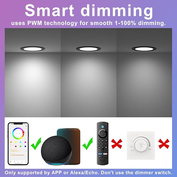 Black Smart Recessed Lighting 6 Inch RGBCW Color Changing 16W LED Downlight with Junction Box,1350 Lumen Recessed Ceiling Light Compatible with Alexa,Dimmable by Bluetooth Control -6Pack