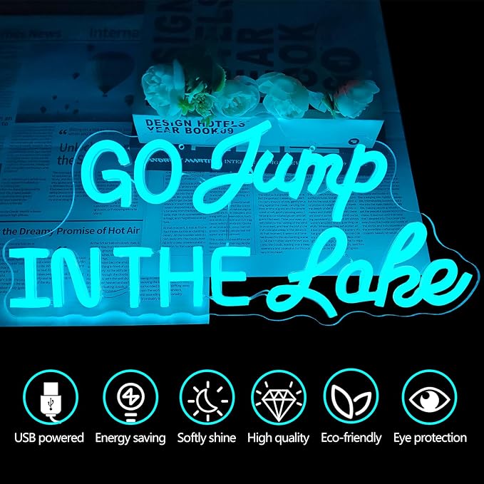 Go Jump In The Lake Neon Sign for Wall Decor Lake House Decor Led Sign for Lake Life Dimmable Coastal Neon Light Up Signs for Bedroom Living Room Lake Life Wall Art Porch Cabin Boat Vacation