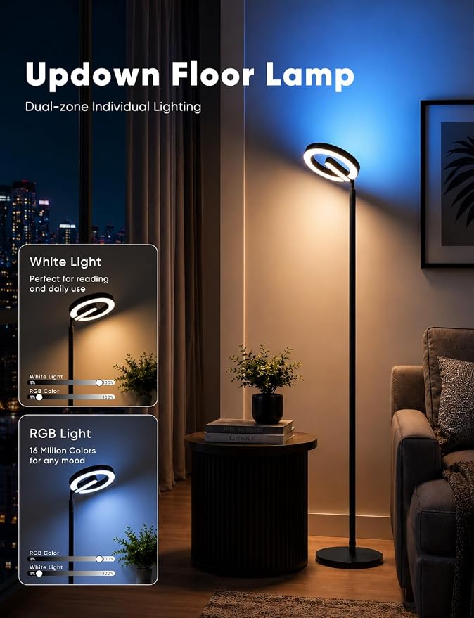 LED Floor Lamp RGBCW, 48W Torchiere Lamp 74 Inch, Ambient Lighting | Dual-Sided, Modern, Dimmable, Color Changing Corner Light for Living Room/Bedroom/Reading/Working, Alexa Compatible, Black