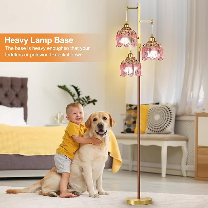 Vintage Floor Lamps for Living Room 3 Light Glass Floor Lamp with 3 Color Temperatures, Dimmable Flower Floor Lamp Gold Mid Century Modern Standing Lamp Tall Tree Wood Floor Lamp for Bedroom Corner