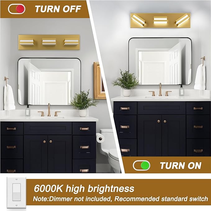 IZORRO LED Modern Bathroom Lights Fixtures(3-Light,Dimmable,360°Rotate),Brushed Glod Acrylic Wall Lighting,Vanity Lights for Bathroom Over Mirror - 6000k 16In （No Assembly Required）