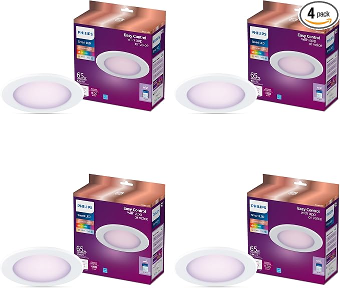 PHILIPS Smart 5-6 Inch Retrofit Recessed Downlight 4-Pack, 750 Lumens, LED Color Changing Lights, Connects to Wi-Fi, Control with Voice or App, Powered by WiZ Connected