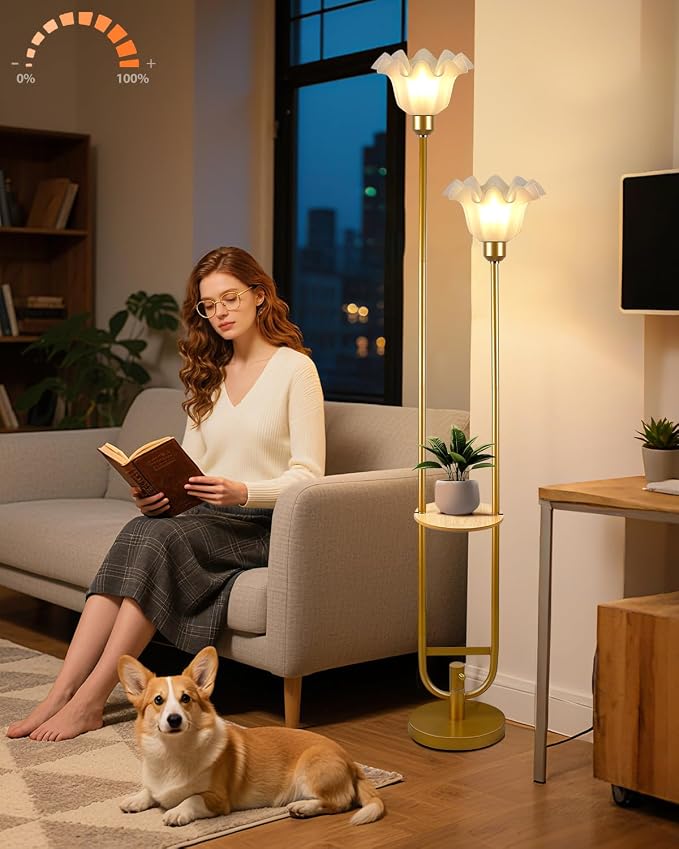 Lightdot Dimmable Flower Floor Lamp with Table for Living Room, Modern Mid Century Gold Metal Tall Standing Lamp with 5Lbs Heavy Base for Bedroom/Sofa Beside/Corner Decor (Bulb Included)