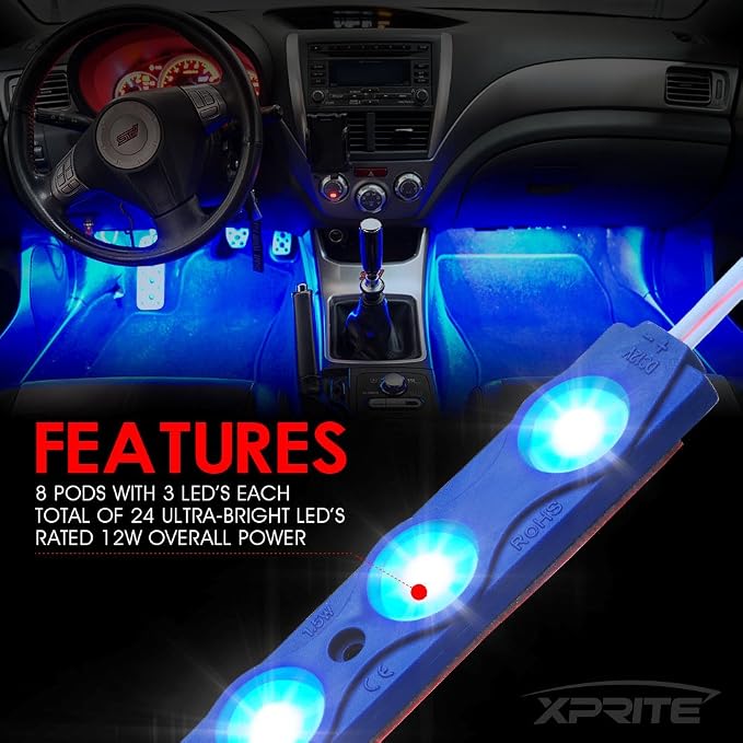 Xprite Blue LED Truck Bed Light Kits Rock Lights with On/Off Switch, for Pickup Footwells, Running Boards, Cargo, Under Car, Tonneau Cover, Rail Lighting - 8 PCs