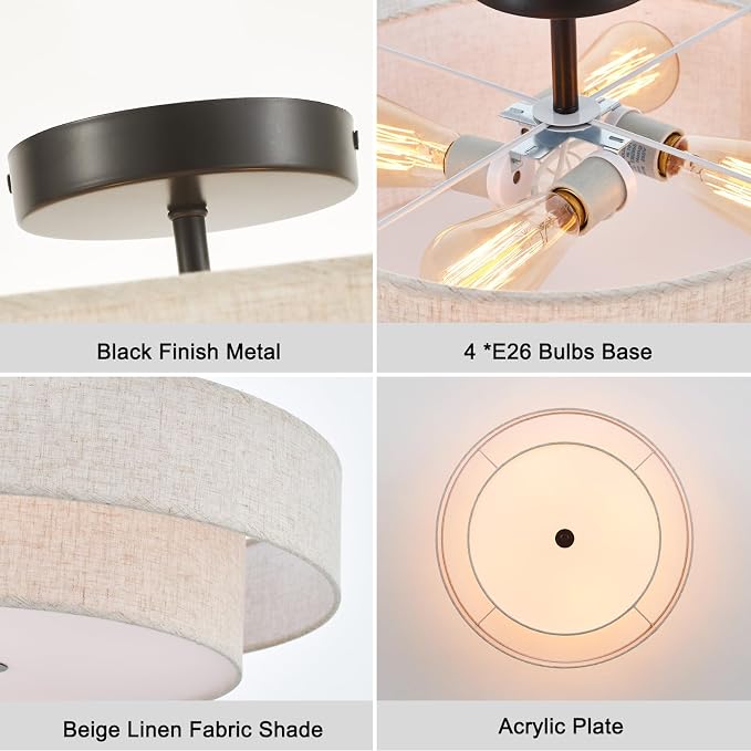 Modern Semi Flush Mount Ceiling Light 21.7" Modern Black 4-Lights Drum Ceiling Lighting Fixture Vintage Linen Golden Ceiling Lamp for Laundry Room, Kitchen, Living Room, Dining Room, Bedroom