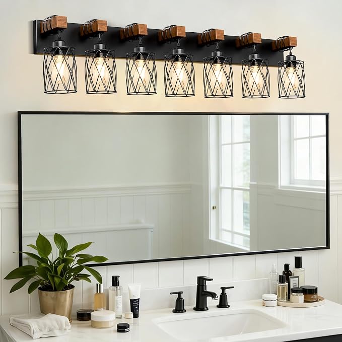 IZORRO Farmhouse Bathroom Vanity Light, 7-Light Wood Bathroom Light Fixtures Over Mirror, Black Industrial Vanity Lights with Metal Shade, Rustic Restroom Lighting Fixtures