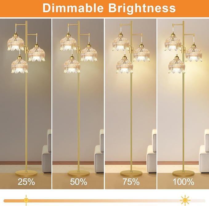 ZECOXOL Gold Floor Lamps for Living Room Bedroom-3 Light Glass Floor Lamp with Three Led Bulb,Mid Century Standing Lamp Vintage Brass Tall Lamp Tree Floor Lamp