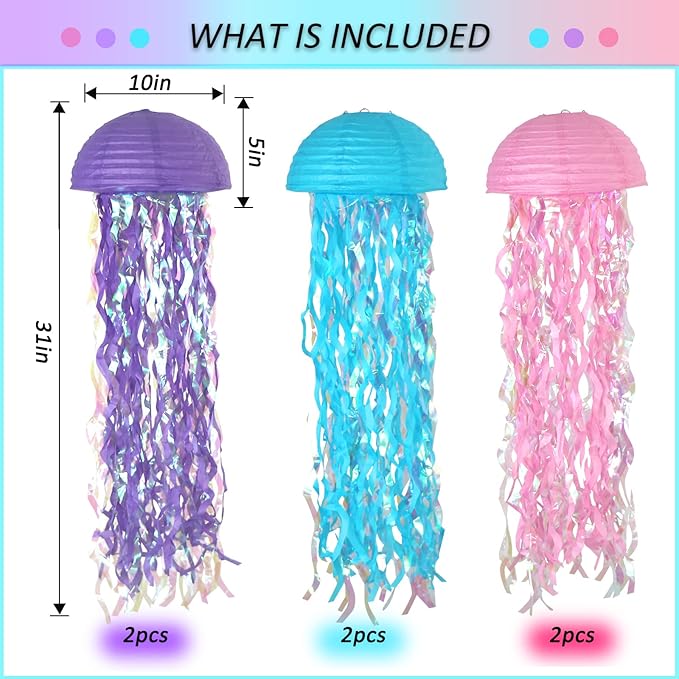 ADLKGG Pink Purple Blue Hanging Jelly Fish Paper Lanterns, Gradient Colorful Paper Lanterns for Mermaid Theme Party Under The Sea Ocean Birthday Decorations Baby Shower Baby Room