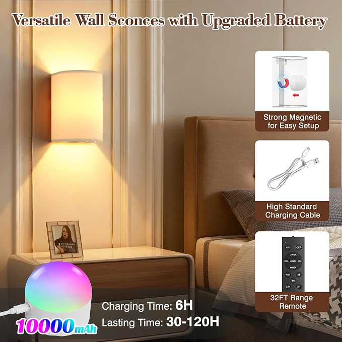 Battery Operated Wall Sconce Set of Two: 10000mAh Wireless Wall Light with Rechargeable Magnetic Bulb - Dimmable Wall Lamp with 7 RGB Colors - Linen Shade Sconces with Remote for Bedroom Living Room | Wireless Wall Light with Magnetic Bulb - Dimmable 7...