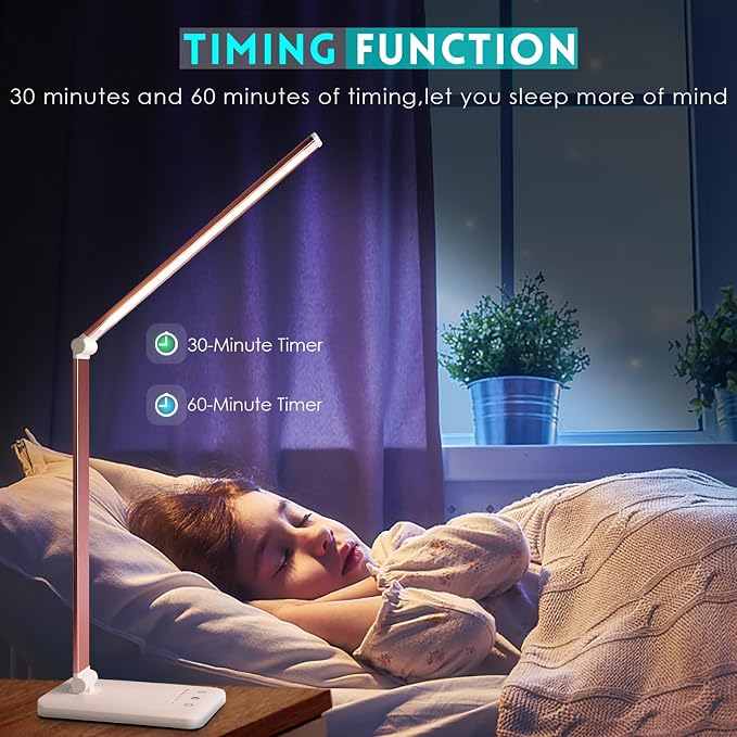 Desk Lamp, LED Desk Light with 10 Brightness Levels, 5 Color Temperatures, USB Power, Foldable Dimmable Table Lamp, Timer & Memory, Touch Control, Eye Caring Lamp for Reading Work Study Nail