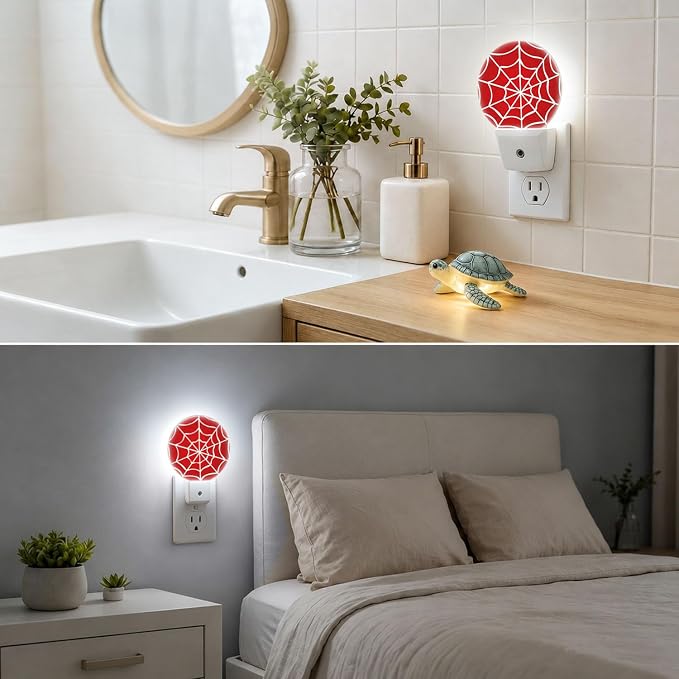 Nightlight Spider Web Night Lights Plug Into Wall Auto Sensor | Red Spiderweb Night Light Auto Led Sleep Round Lamp for Living Room Hallway Stairs