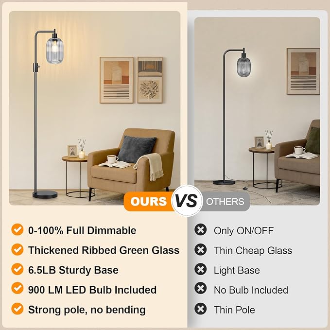 【Upgraded】 Dimmable Floor Lamp for Living Room with Gray Ribbed Glass Lampshade, Black Modern Floor Lamp with 900LM LED Bulb Included, Arc Standing Tall Lamp for Bedroom, Office, Reading Room, Corner