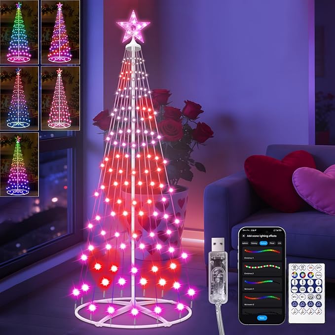 Forlivese 5FT Smart LED Cone Tree Light, USB Powered Valentine's Day Lights with App & Remote, DIY, Color Changing, Music Sync, Waterproof Outdoor Lighted Tree for Yard Porch Valentine Day Decoration