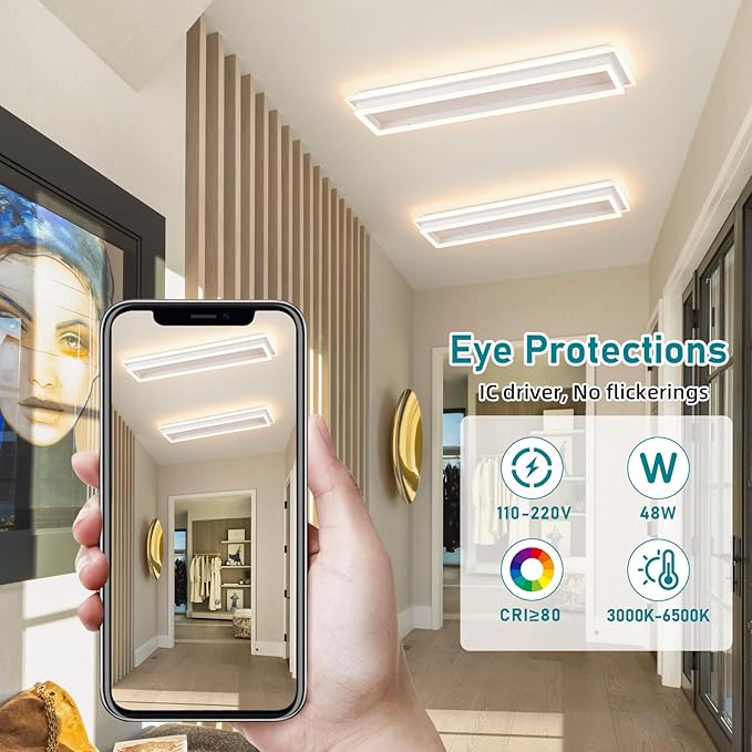 Dimmable Led Ceiling Light with Remote Control 31.5in Modern Linear Flush Mount Ceiling Lighting Fixture Acrylic Long Ceiling Lamp for Living Room Kitchen Dining Room Hallway (White)