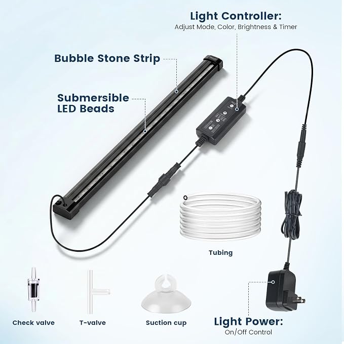 hygger Aquarium Bubble Bar with 24/7 LED Light, Quiet Fine Air Stone with Hose Check Valve, Adjustable Time Brightness Color Submersible Fish Tank Light, Air Diffuser Wall Decorations | Aeration Ambient Bubble Light Strip