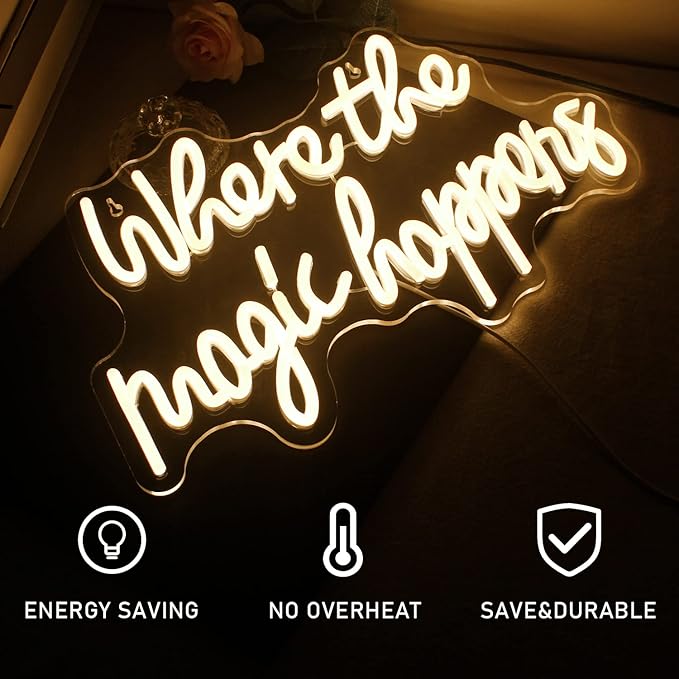 Where The Magic Happens Neon Sign Led Warm White Word Light Up Signs for Wall Decor Usb Powered Letter Neon Light Signs Indoor Light for Bedroom Salon Decor Wedding Birthday Party Bar