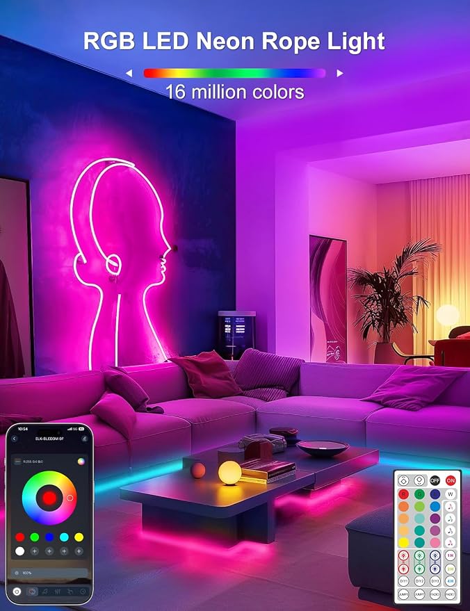 Lamomo LED Neon Rope Lights 32.8Ft, RGB LED Strip Lights Control with App/Remote, Music Sync Color Changing Waterproof Flexible Led Light Strip, Cuttable Gaming 24V Neon Lights for Bedroom Indoor