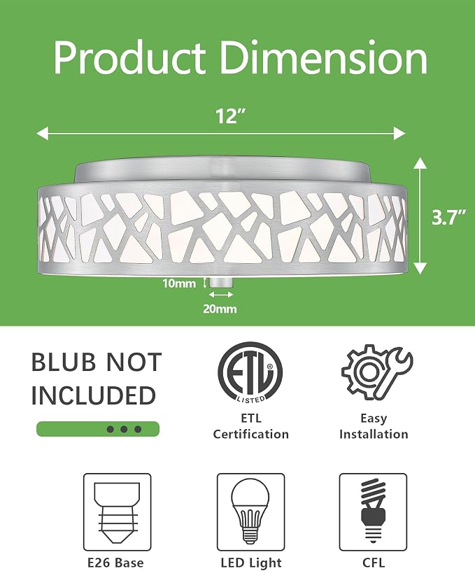 2-Light Flush Mount Ceiling Light,12 inch Modern Close to Ceiling Light Fixture with Brushed Nickel Metal and Frosted Glass Shade for Hallway, Kitchen, Bedroom(2 PK)